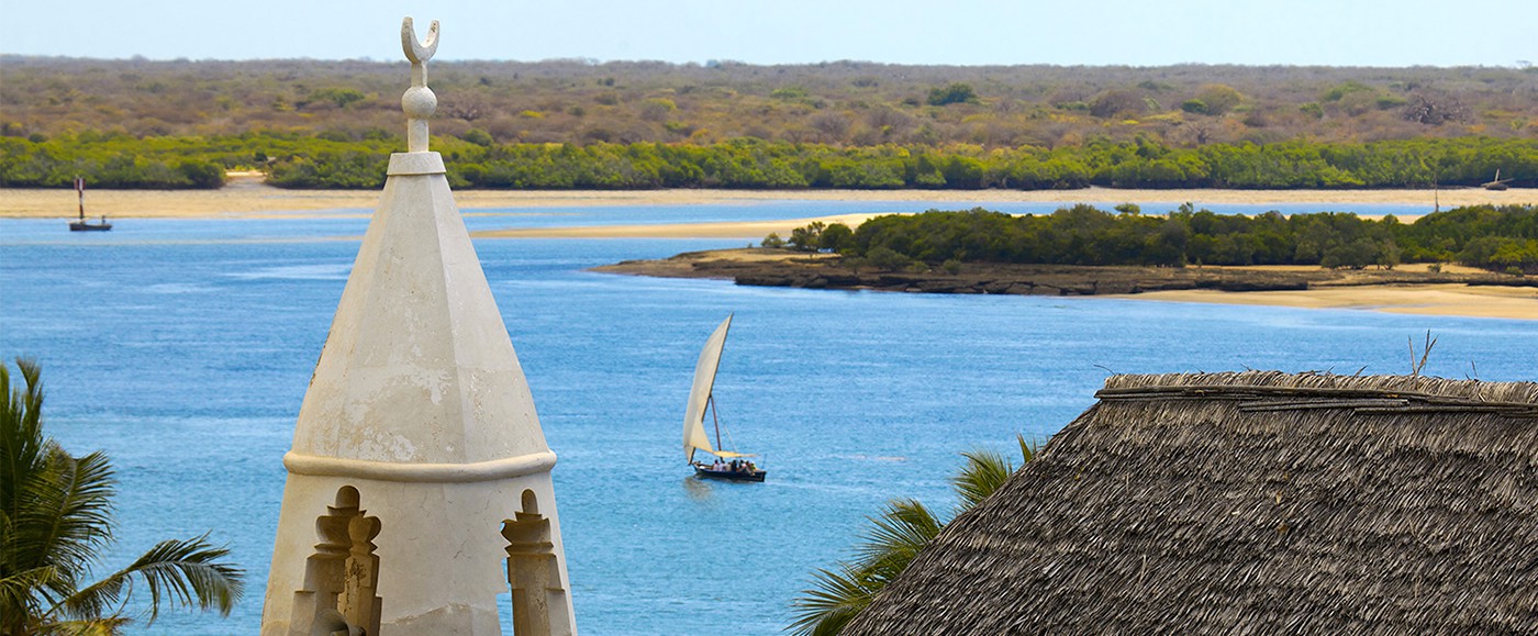 Shella village rooftops and the indian ocean channel which separates Lamu and Manda islands.