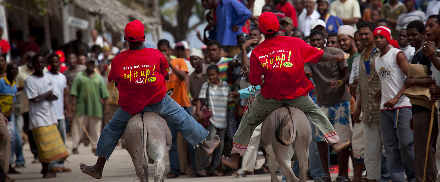 course d’ânes traditionnelle dans les rues de Lamu au Kenya lors d’un événement local
