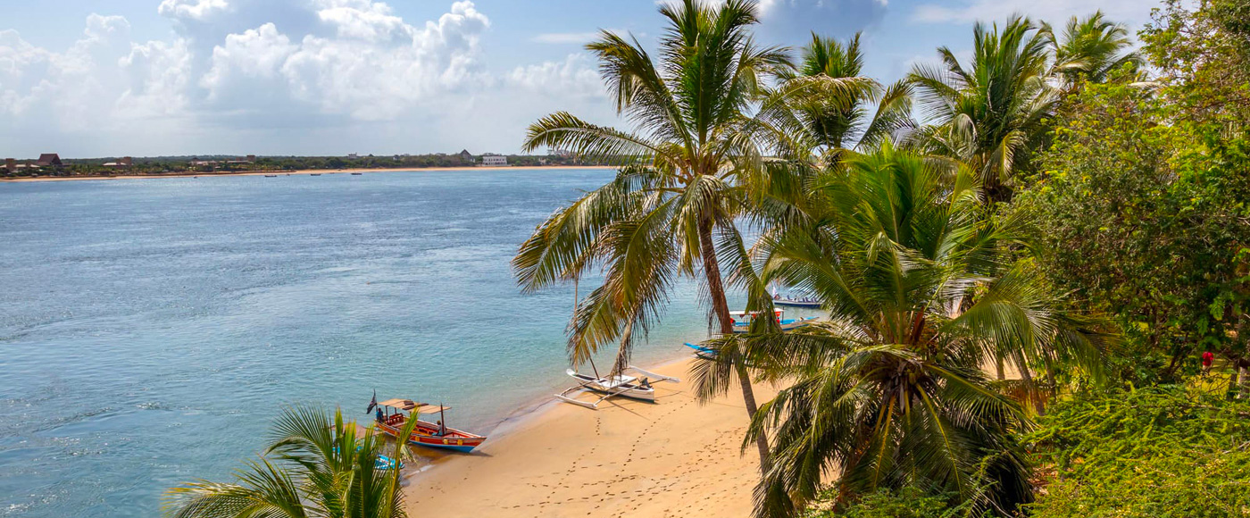 la plage Shella beach bordée de palmiers à Shella Beach sur l’île de Lamu au Kenya avec bateaux traditionnels